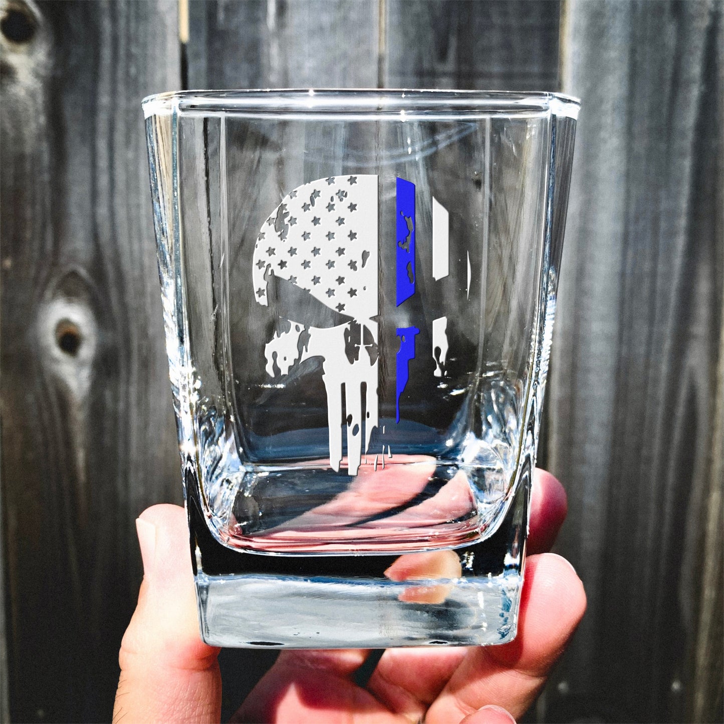 Thin Blue Line Punisher American Flag Engraved Whiskey Glass / Father's Day Gift / Valentine's Day Gift