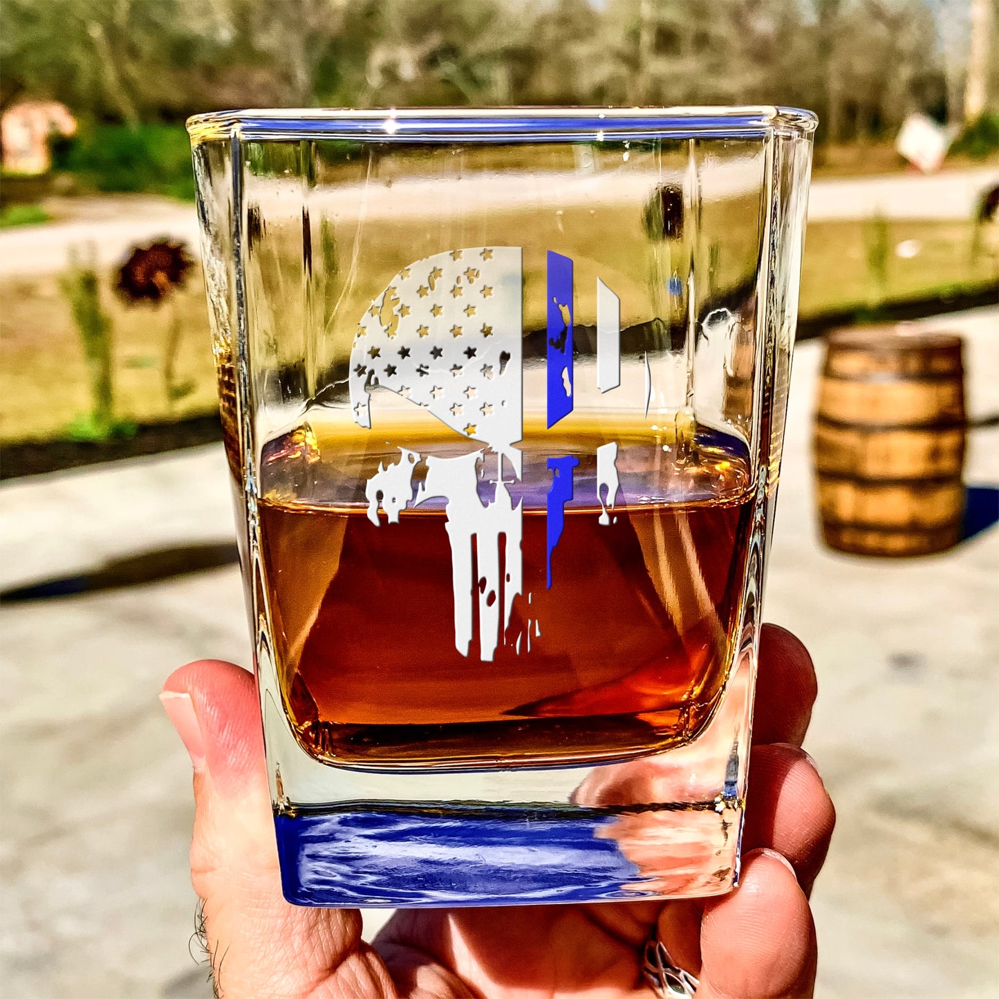 Thin Blue Line Punisher American Flag Engraved Whiskey Glass / Father's Day Gift / Valentine's Day Gift