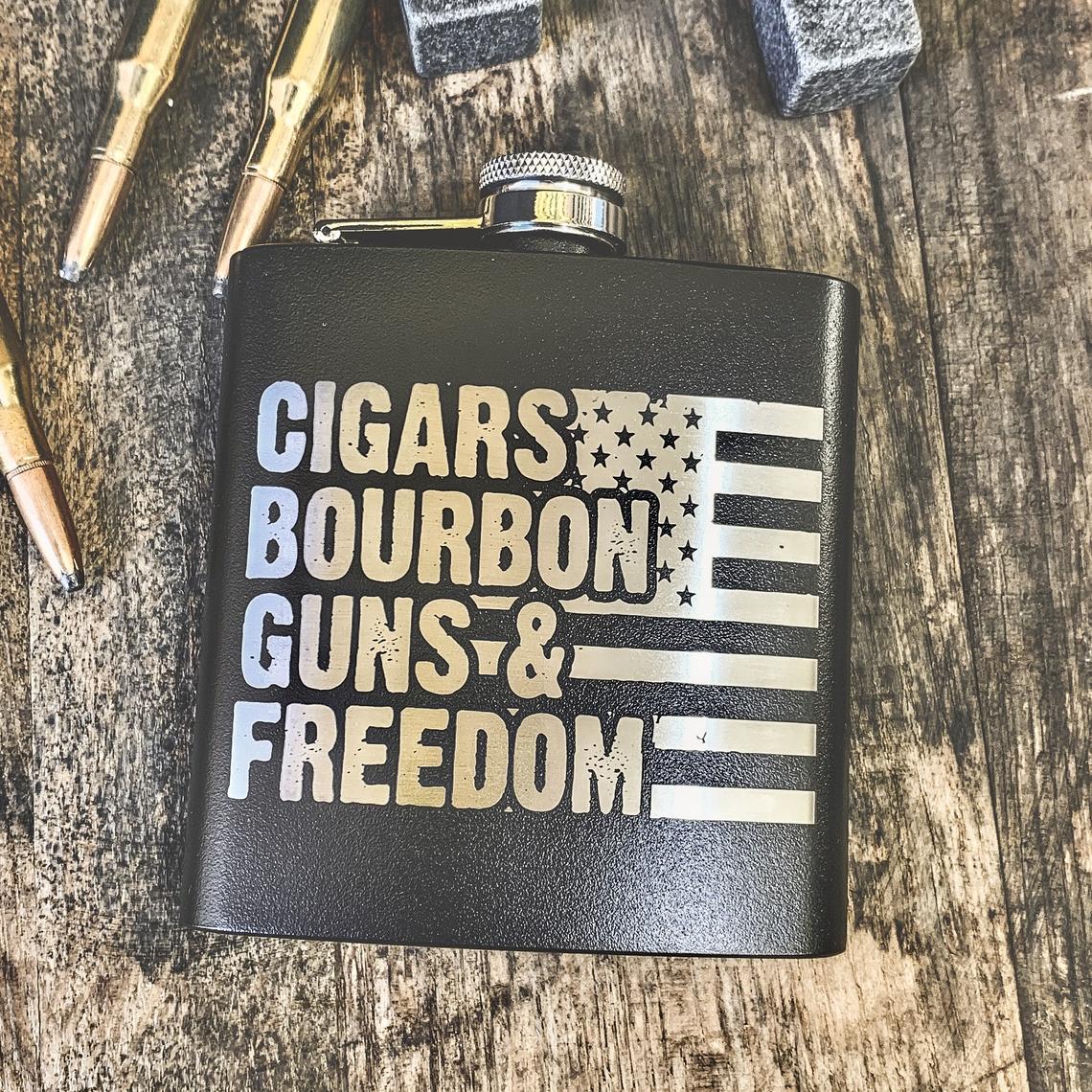 Cigars Bourbon Guns & Freedom Laser Etched Whiskey Flask / Father's Day Gift / Valentine's Day Gift