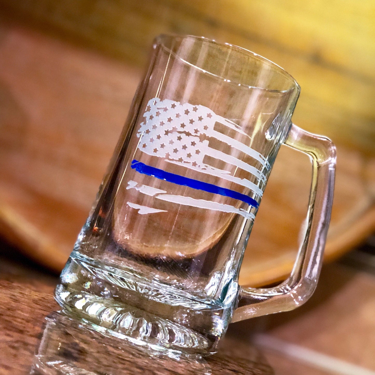Thin Blue Line American Flag Beer Mug -Engraved / Father's Day Gift / Valentine's Day Gift