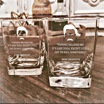Ron Swanson  Fishing Relaxes Me Whiskey Glass Set    / Father's Day Gift