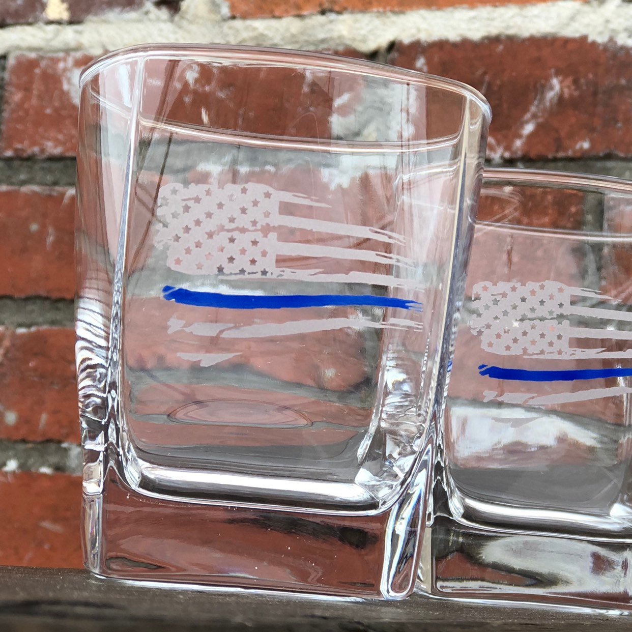 Thin Blue Line Distressed American Flag Whiskey Glass / Father's Day Gift / Valentine's Day Gift