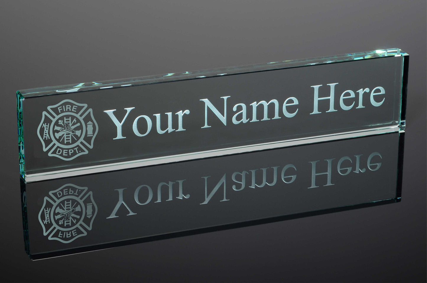 Fireman Fire Dept. Jade Glass Desk Name Plate - Engraved & Personalized - Perfect for Executives, Boss Day, Graduates, etc... / Father's Day Gift / Valentine's Day Gift