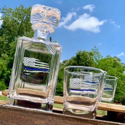 Thin Blue Line Distressed Flag Engraved Whiskey Decanter or Decanter Set (Can be Personalized)    / Father's Day Gift