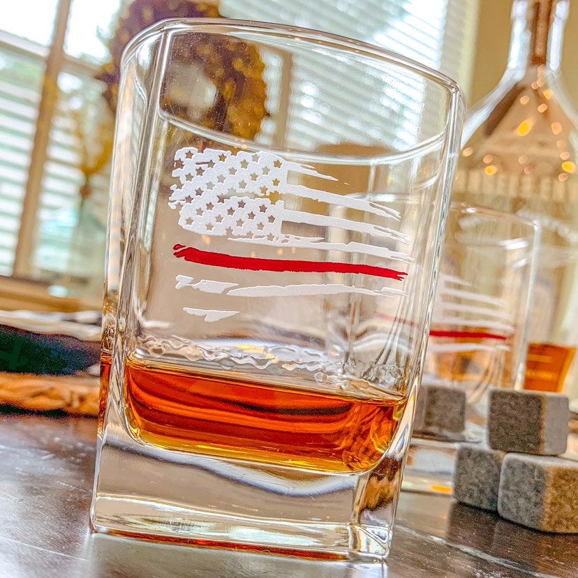 Thin Red Line Distressed American Flag Whiskey Glass / Father's Day Gift / Valentine's Day Gift