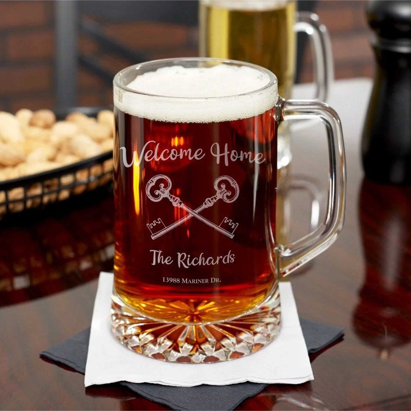 Welcome Home Engraved Personalized Beer Mug Realtor Gift for New Homeowners - 25oz Beer Mug / Father's Day Gift / Valentine's Day Gift