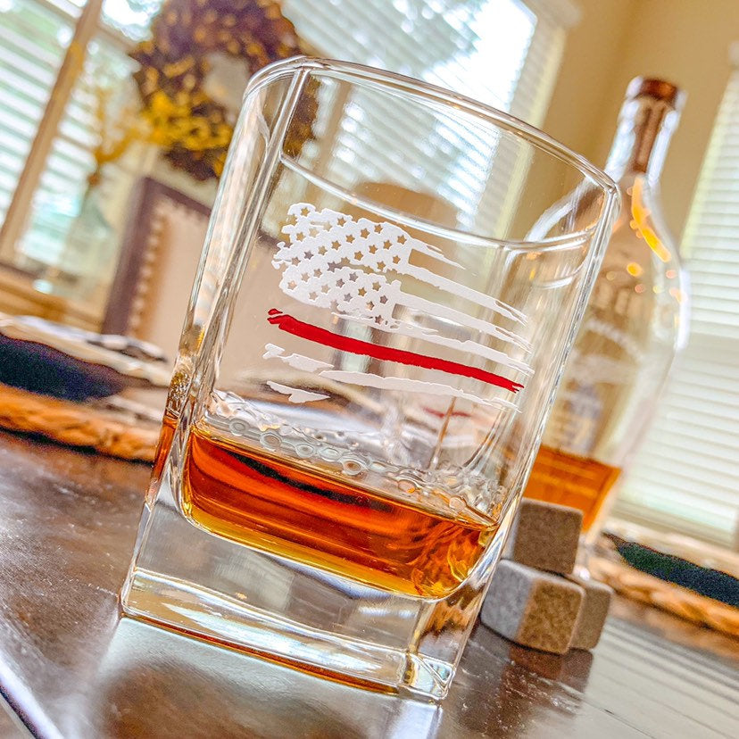 Thin Red Line Distressed American Flag Whiskey Glass / Father's Day Gift / Valentine's Day Gift