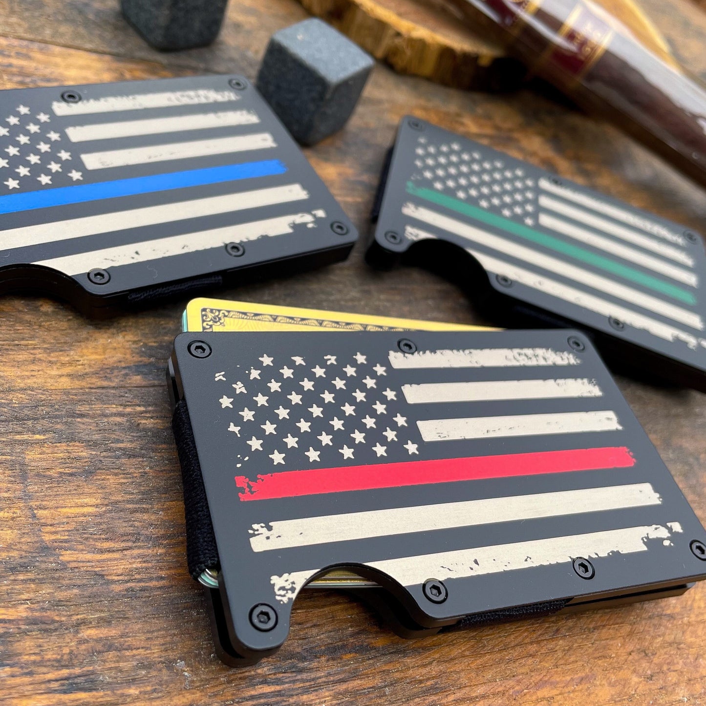 Thin Blue, Red, Green Line / Slim Metal Wallet / Etched Flag / RFID Blocking / Groomsmen Wallet / Etched Money Clip / Father's Day Gift / Valentine's Day Gift