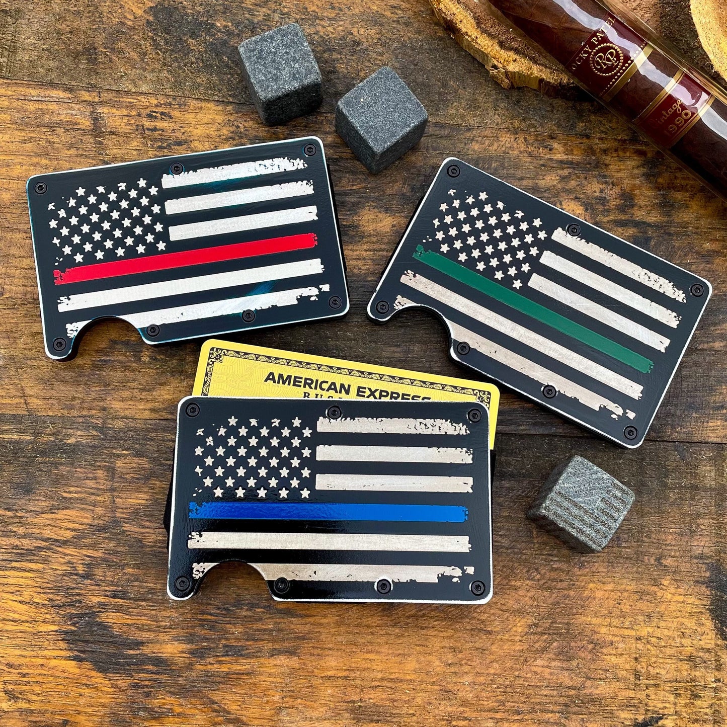 Distressed Thin Blue, Red, Green Line / Slim Metal Wallet / Etched Flag / RFID Blocking / Etched Money Clip / Father's Day Gift / Valentine's Day Gift
