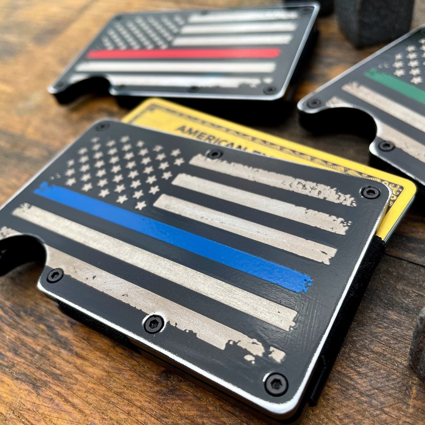 Distressed Thin Blue, Red, Green Line / Slim Metal Wallet / Etched Flag / RFID Blocking / Etched Money Clip / Father's Day Gift / Valentine's Day Gift