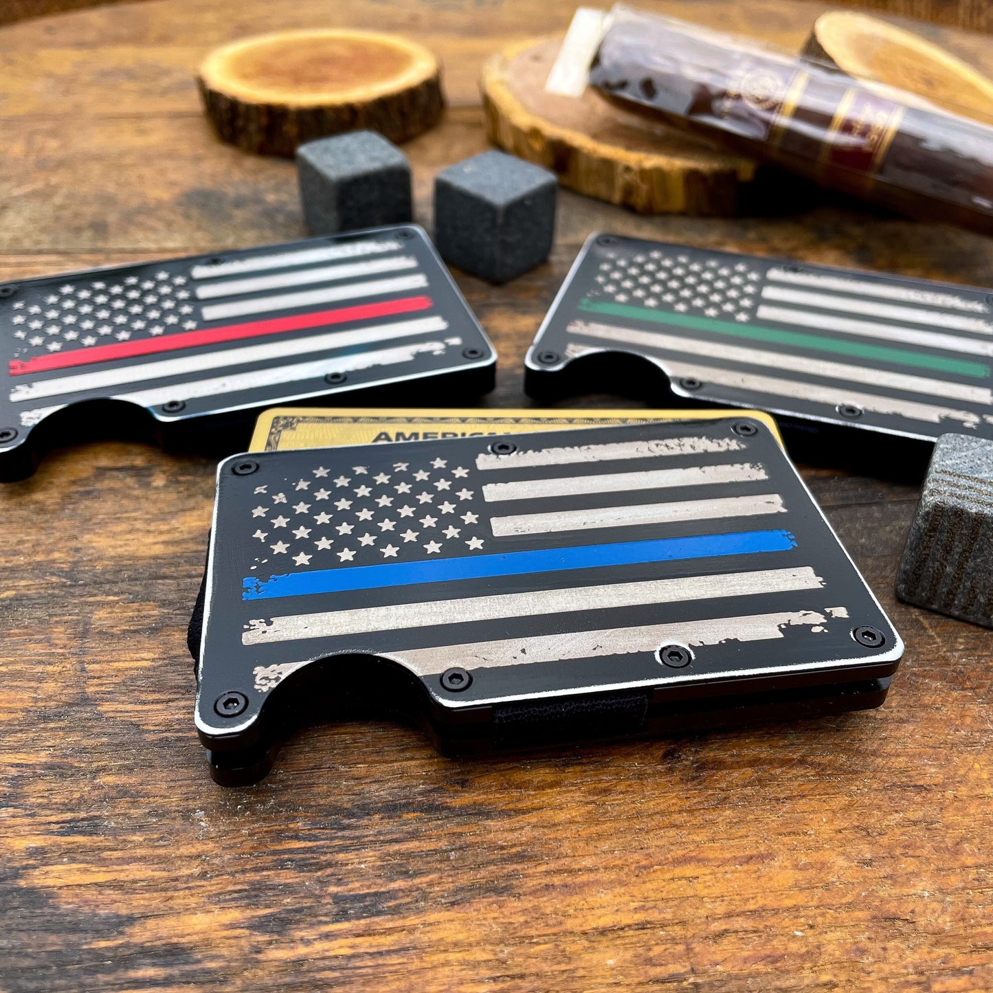 Distressed Thin Blue, Red, Green Line / Slim Metal Wallet / Etched Flag / RFID Blocking / Etched Money Clip / Father's Day Gift / Valentine's Day Gift