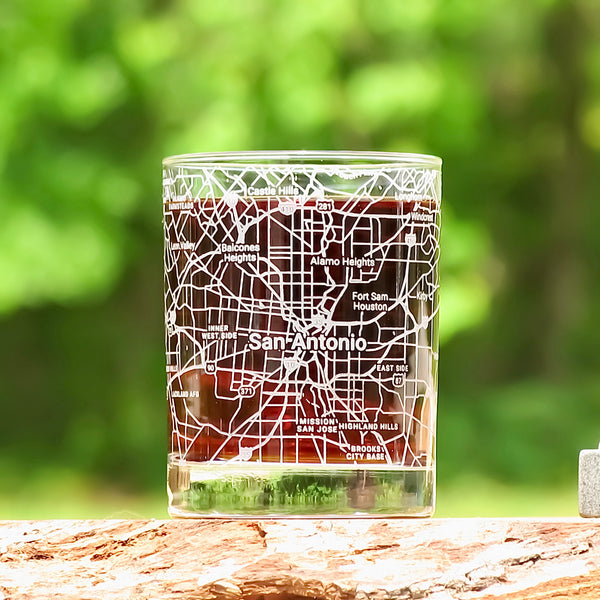 San Antonio City Map Whiskey Glass 360 Engraved (13.5 oz) / Father's D