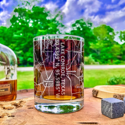 Lake Conroe Area Map Whiskey Glass  360 Engraved  (13.5oz) / Father's Day Gift