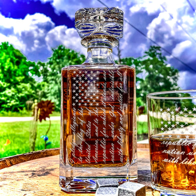 Pledge of Allegiance American Flag  Wrapped Pledge of Allegiance Glass  Engraved Whiskey Decanter or Decanter Set of 3    / Father's Day Gift