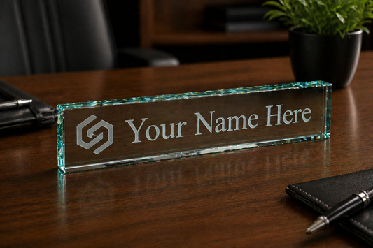 Corporate Logo Jade Glass Desk Name Plate - Engraved & Personalized - Perfect for Executives / Boss / New Business Owner / Father's Day Gift / Valentine's Day Gift
