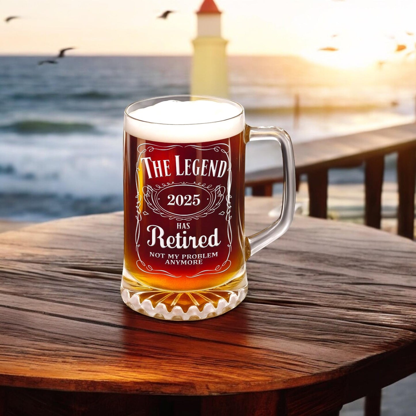 Retirement Beer Glass – The Legend Has Retired Engraved Beer Stein – Large 25oz Etched Glass Mug, Retirement Gift for Men & Women