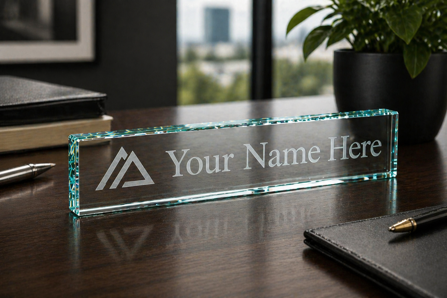 Corporate Logo Jade Glass Desk Name Plate - Engraved & Personalized - Perfect for Executives / Boss / New Business Owner / Father's Day Gift / Valentine's Day Gift