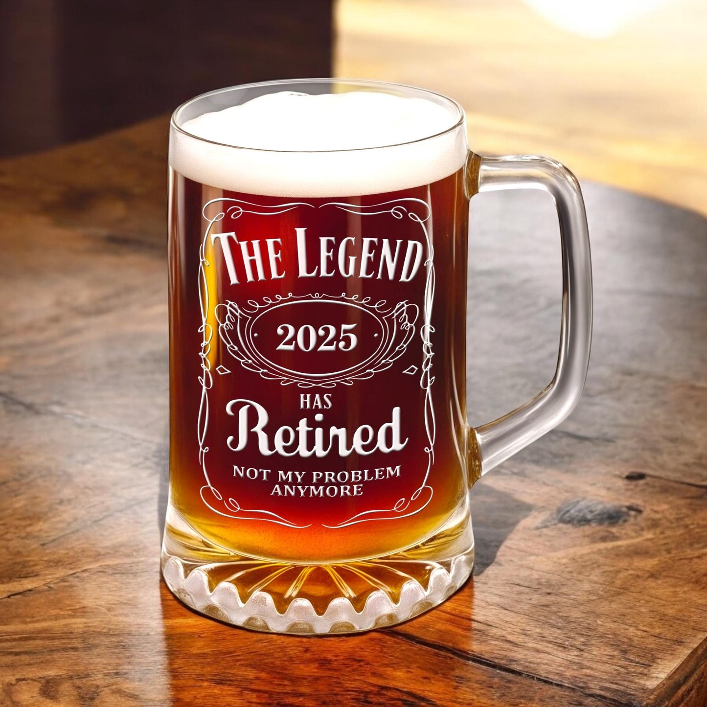 Retirement Beer Glass – The Legend Has Retired Engraved Beer Stein – Large 25oz Etched Glass Mug, Retirement Gift for Men & Women
