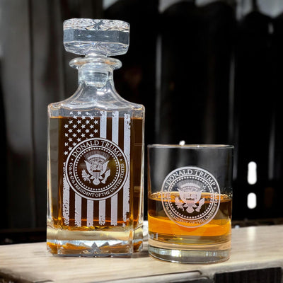 Trump Presidential Seal Whiskey Decanter Set – Engraved Trump 45 47 Flag Liquor Decanter & Glasses