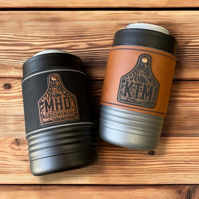 Western Can Cooler – Insulated Stainless Steel with Engraved Cattle Tag & Leatherette Wrap – Rustic Ranch Gift – Monogrammed Can Holder