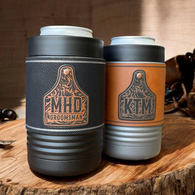 Western Can Cooler – Insulated Stainless Steel with Engraved Cattle Tag & Leatherette Wrap – Rustic Ranch Gift – Monogrammed Can Holder