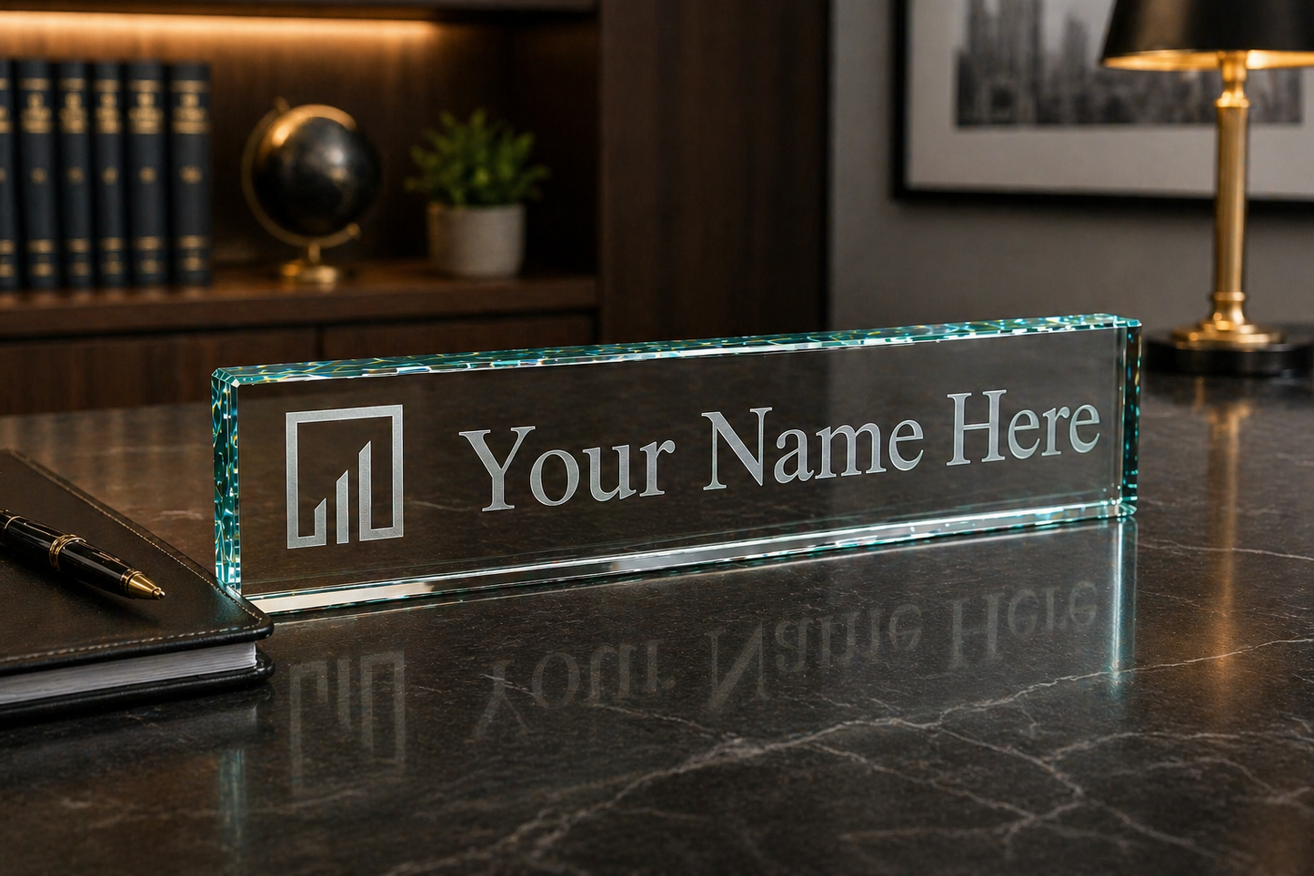 Corporate Logo Jade Glass Desk Name Plate - Engraved & Personalized - Perfect for Executives / Boss / New Business Owner / Father's Day Gift / Valentine's Day Gift