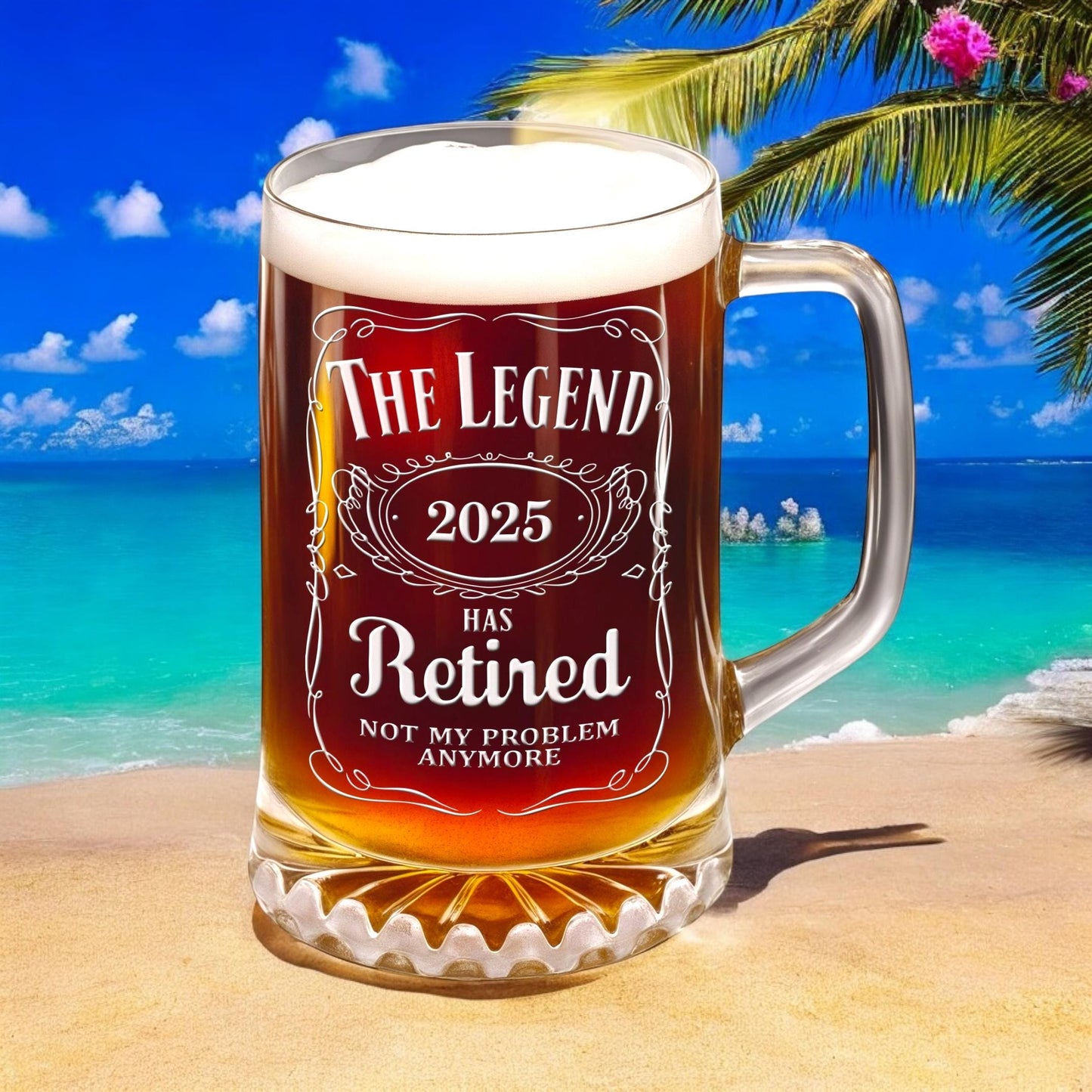 Retirement Beer Glass – The Legend Has Retired Engraved Beer Stein – Large 25oz Etched Glass Mug, Retirement Gift for Men & Women