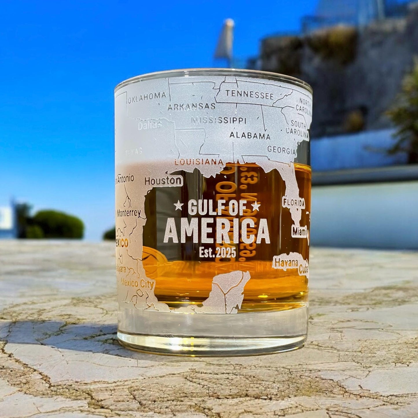 Gulf of America 360 Engraved Whiskey Glass – Hand Sandblasted Map Tumbler for Bourbon, Scotch, Coastal Gift for Sailors & Ocean Lovers