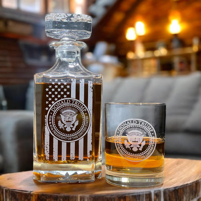 Trump Presidential Seal Whiskey Decanter Set – Engraved Trump 45 47 Flag Liquor Decanter & Glasses