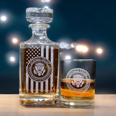 Trump Presidential Seal Whiskey Decanter Set – Engraved Trump 45 47 Flag Liquor Decanter & Glasses