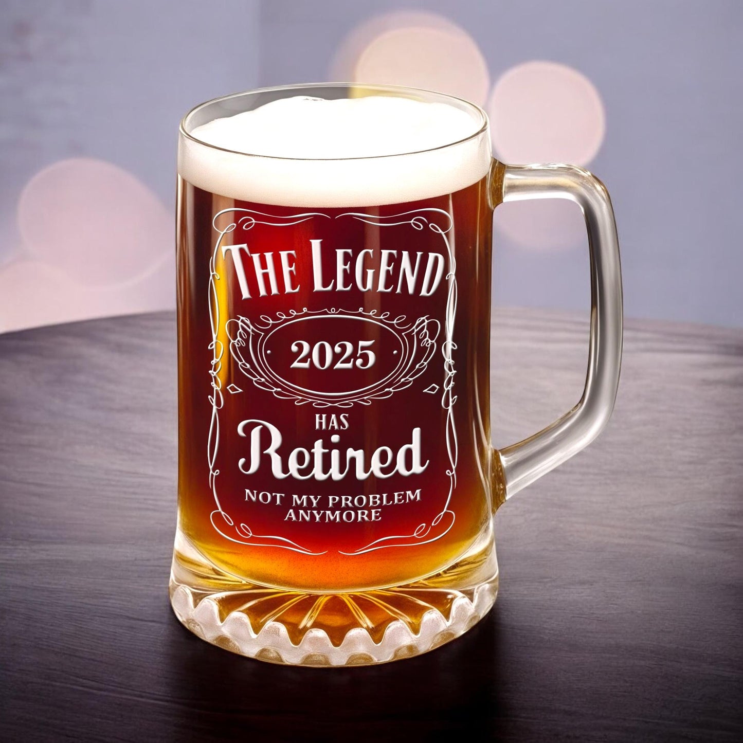 Retirement Beer Glass – The Legend Has Retired Engraved Beer Stein – Large 25oz Etched Glass Mug, Retirement Gift for Men & Women