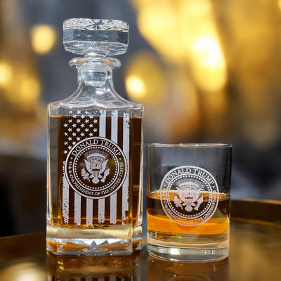 Trump Presidential Seal Whiskey Decanter Set – Engraved Trump 45 47 Flag Liquor Decanter & Glasses