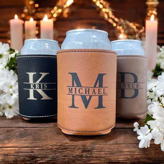 Personalized Can Cooler | Custom Leatherette Name Gift | Gift for Dad | Groomsmen Gift Idea | Father's Day Gift