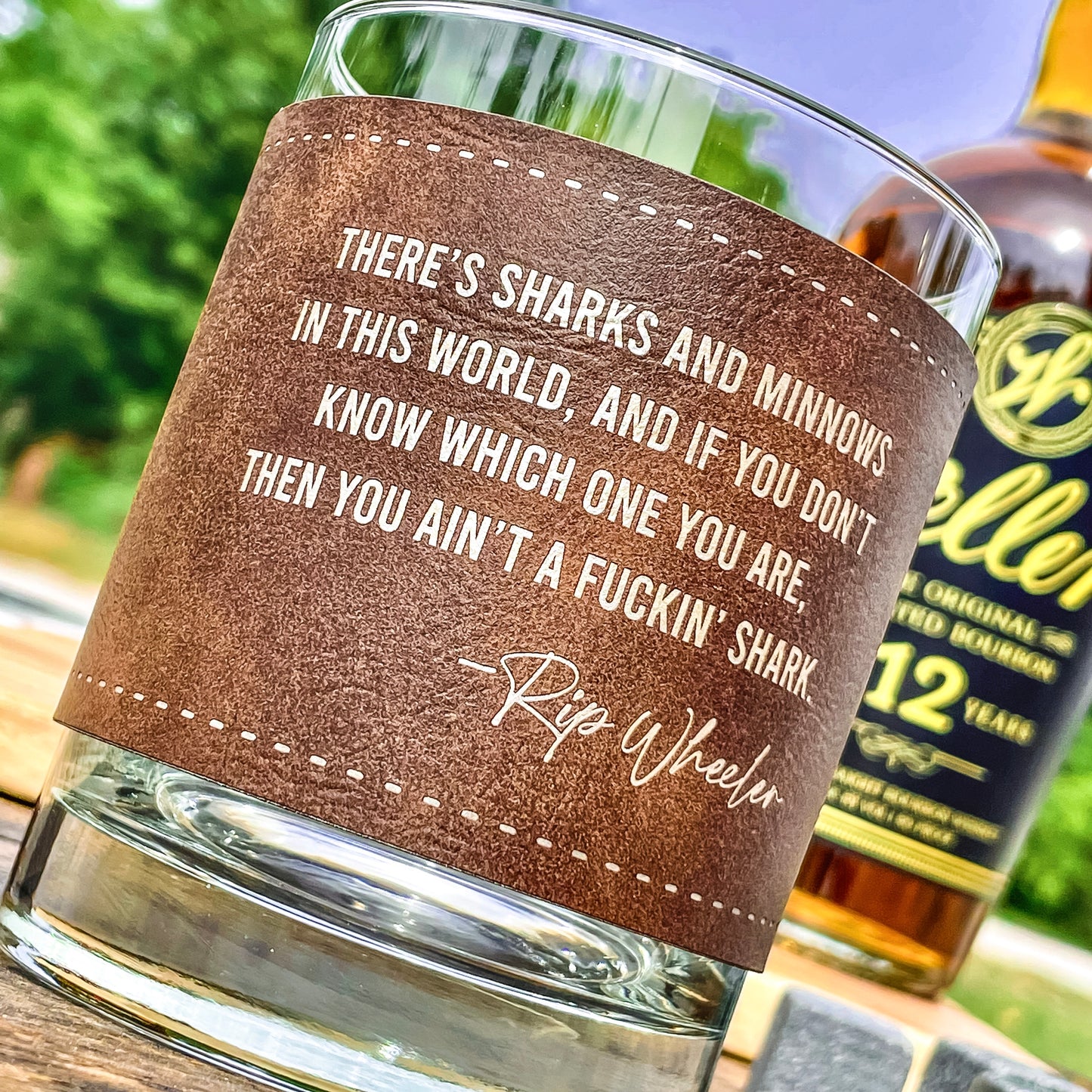 Rip Wheeler Sharks and Minnows Engraved Leatherette Whiskey Glass/ Father's Day Gift / Valentine's Day Gift