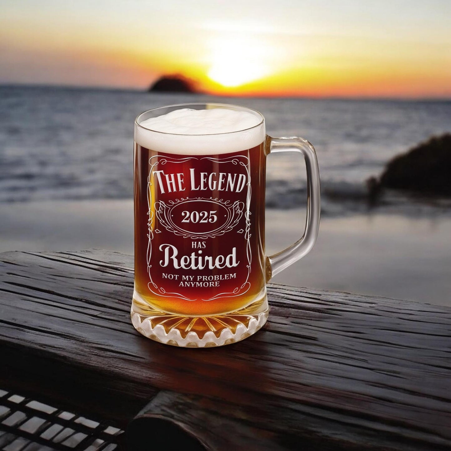 Retirement Beer Glass – The Legend Has Retired Engraved Beer Stein – Large 25oz Etched Glass Mug, Retirement Gift for Men & Women