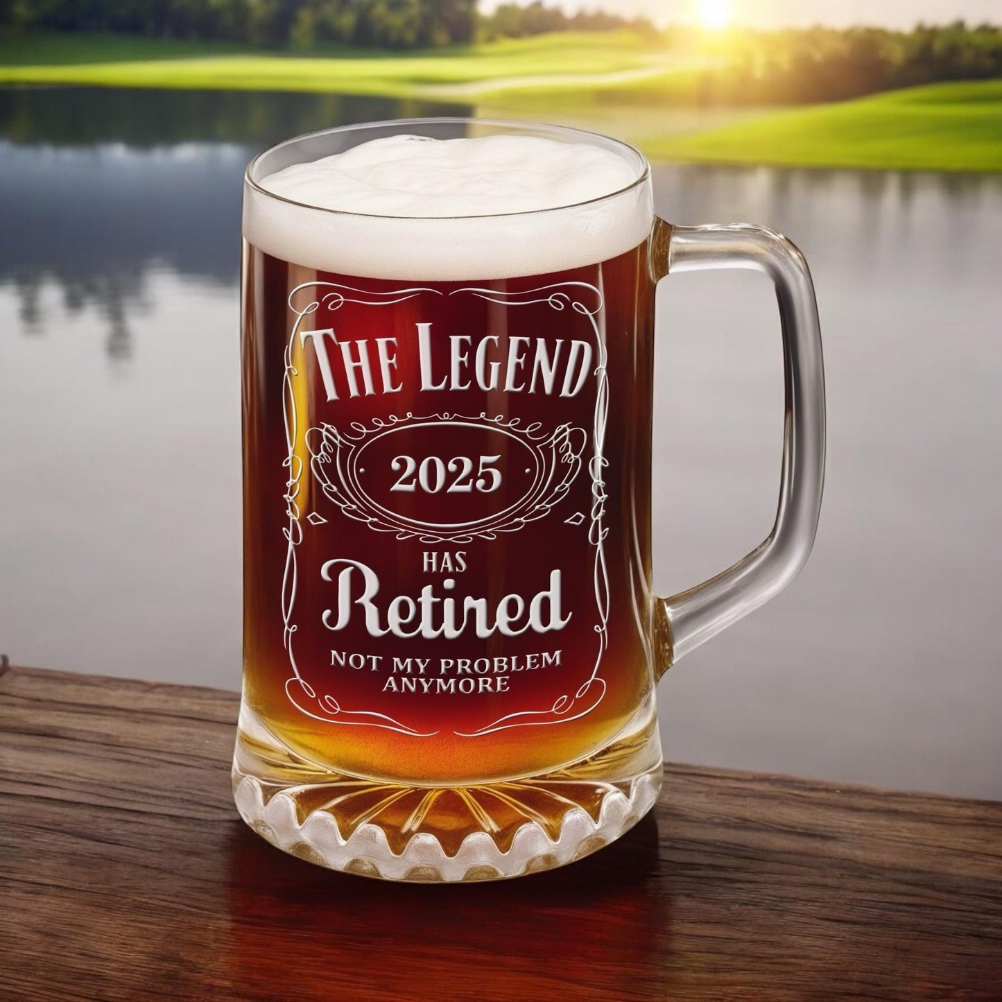 Retirement Beer Glass – The Legend Has Retired Engraved Beer Stein – Large 25oz Etched Glass Mug, Retirement Gift for Men & Women