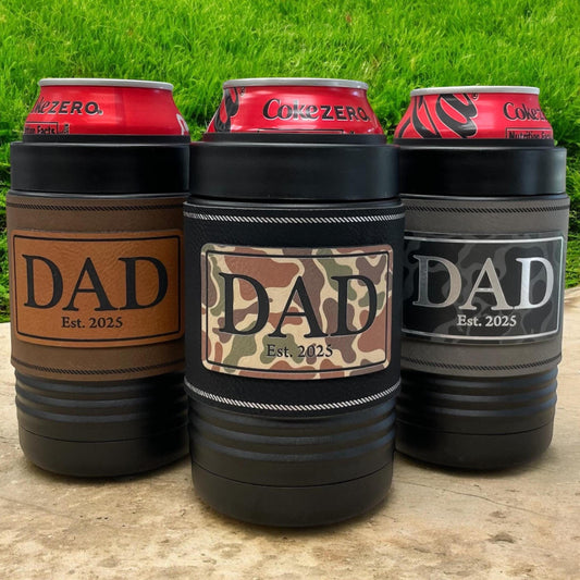 Dad Beer Can Cooler – New Dad Gift – Father's Day Gift – Camo Patch – Insulated Stainless Steel with Leatherette Wrap