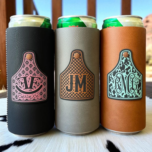 Cattle Tag Leatherette Skinny Can Cooler | Custom Branded Laser Engraved | Gift for Mom | Western Bridesmaid Gift Idea | Christmas Gift