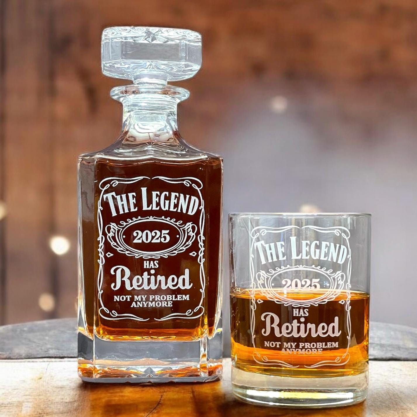 The Legend Has Retired Engraved Decanter Set – 3pc Whiskey Gift for Retirement, Etched Glass Barware Keepsake