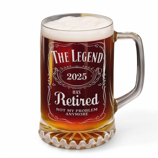 Retirement Beer Glass – The Legend Has Retired Engraved Beer Stein – Large 25oz Etched Glass Mug, Retirement Gift for Men & Women