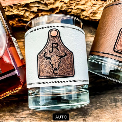 Custom Personalized Cattle Tag Whiskey Glass / Bourbon Glass / Scotch Glass / Engraved Leatherette Wrap / Single Glass   / Father's Day Gift