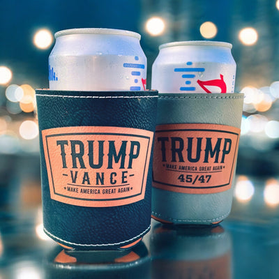 Trump 2024 Leatherette Can Cooler | Trump Vance Laser Engraved | Patriotic Drink Holder | Gift for Dad | Election Gift Idea