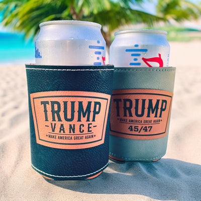 Trump 2024 Leatherette Can Cooler | Trump Vance Laser Engraved | Patriotic Drink Holder | Gift for Dad | Election Gift Idea