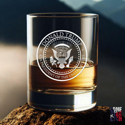 Donald J. Trump 47th Presidential Seal Whiskey Glass / Bourbon Glass / Patriotic Whiskey Glass - Celebrate the Historic 2024 Election Victory of Donald J. Trump!