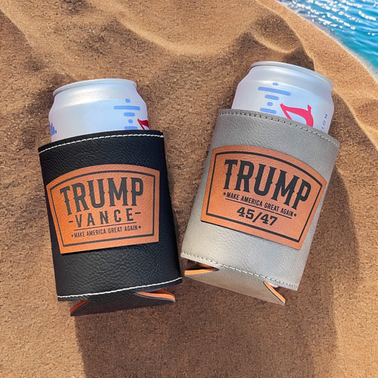 Trump 2024 Leatherette Can Cooler | Trump Vance Laser Engraved | Patriotic Drink Holder | Gift for Dad | Election Gift Idea / Valentine's Day Gift