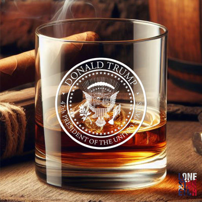 Donald J. Trump 47th Presidential Seal Whiskey Glass / Bourbon Glass / Patriotic Whiskey Glass - Celebrate the Historic 2024 Election Victory of Donald J. Trump!