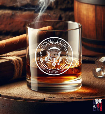 Donald J. Trump 47th Presidential Seal Whiskey Glass / Bourbon Glass / Patriotic Whiskey Glass - Celebrate the Historic 2024 Election Victory of Donald J. Trump!