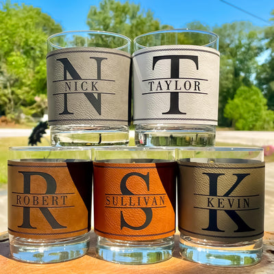 Custom Monogram Whiskey Glass / Bourbon Glass / Scotch Glass / Engraved Leatherette / Monogrammed Rocks Glass / Groomsmen Gifts