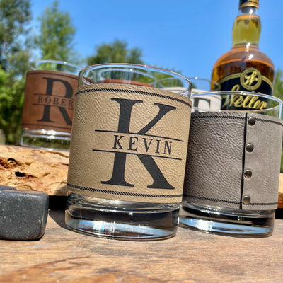 Custom Monogram Whiskey Glass / Bourbon Glass / Scotch Glass / Engraved Leatherette / Monogrammed Rocks Glass / Groomsmen Gifts