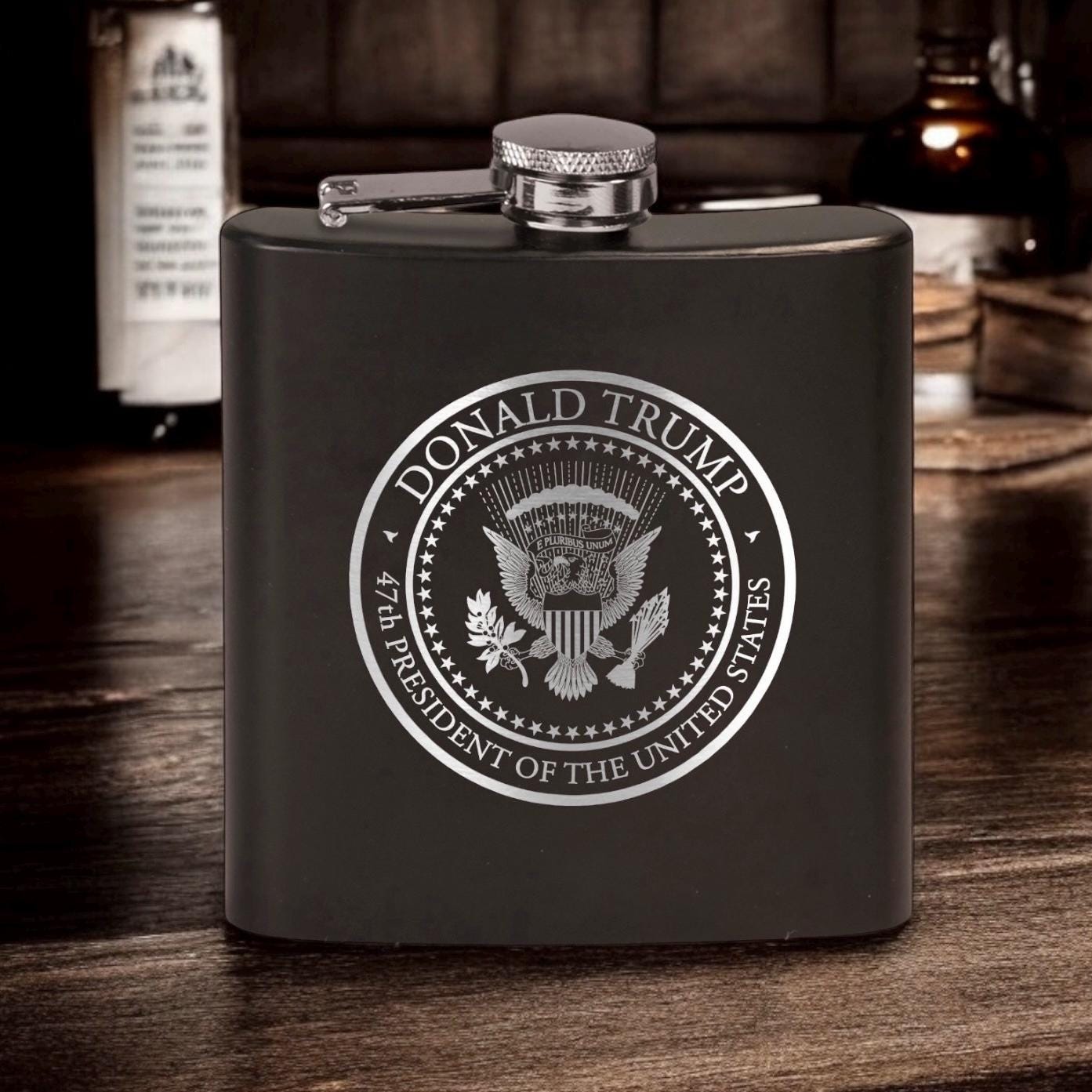 Trump 47th Presidential Seal Laser Engraved Black Stainless Steel Hip Flask | Political Gift | Trump 2024 Flask | Trump Merch / Valentine's Day Gift
